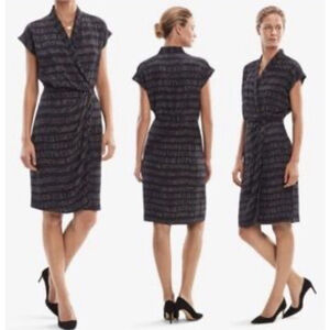 MM. LAFLEUR Faux Wrap Dress Jasmine Size 4 Sheath Ruched Dash Print Navy Blue